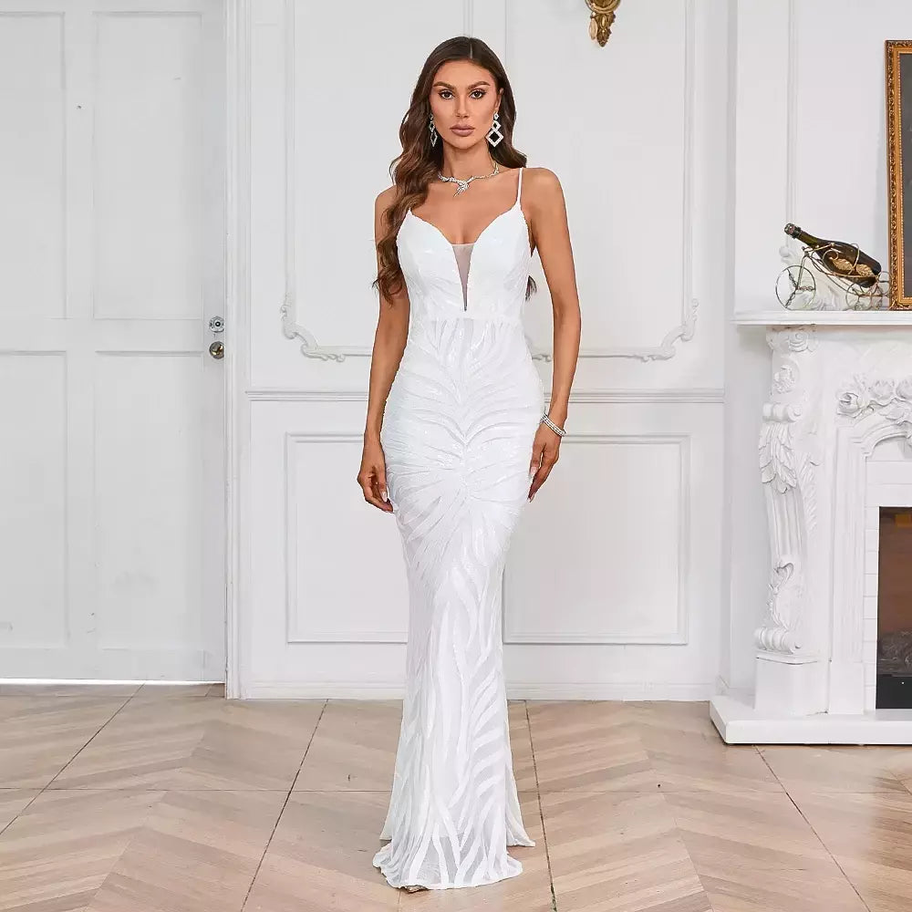 Vestido Maxi Lantejoula Branco Feminino, Vestido Sexy Strap, Vestido de festa longo