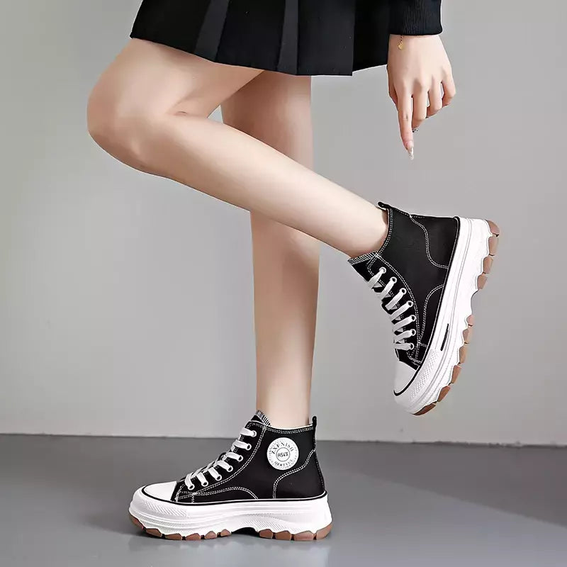 Tênis casual de cano alto para mulheres, com cordões, lona de altura da plataforma, antiderrapante, resistente ao desgaste, sapatos femininos vulcanizados, primavera, 2024