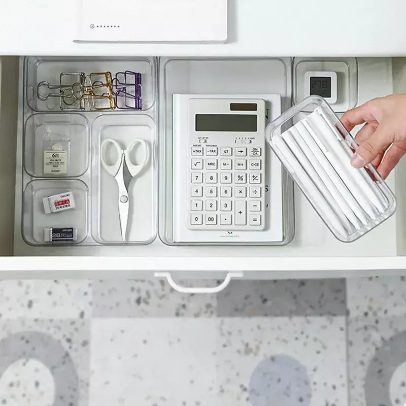 4 pçs organizador de gaveta de mesa conjunto organizador de maquiagem plástico armazenamento de maquiagem transparente caixa de armazenamento para escritório banheiro 2025