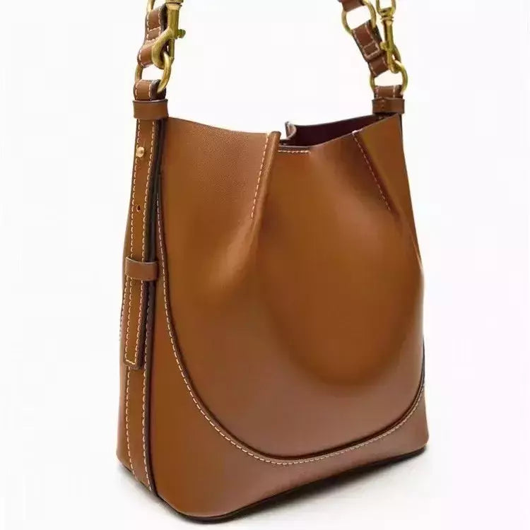 ZA Bolsa de Boca Plissada Marrom para Mulheres, Bolsa de Balde de Transporte, Al