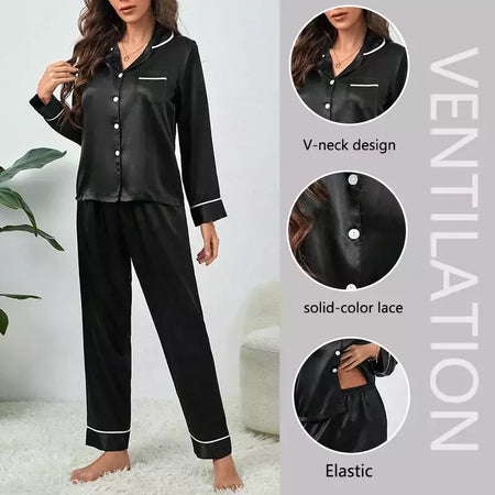 Pijama de seda gelo de mangas compridas feminino, tamanhos grandes, monocromático, casual, solto, preto, botões macios, cardigã, roupa de casa, pijamas, outono, inverno