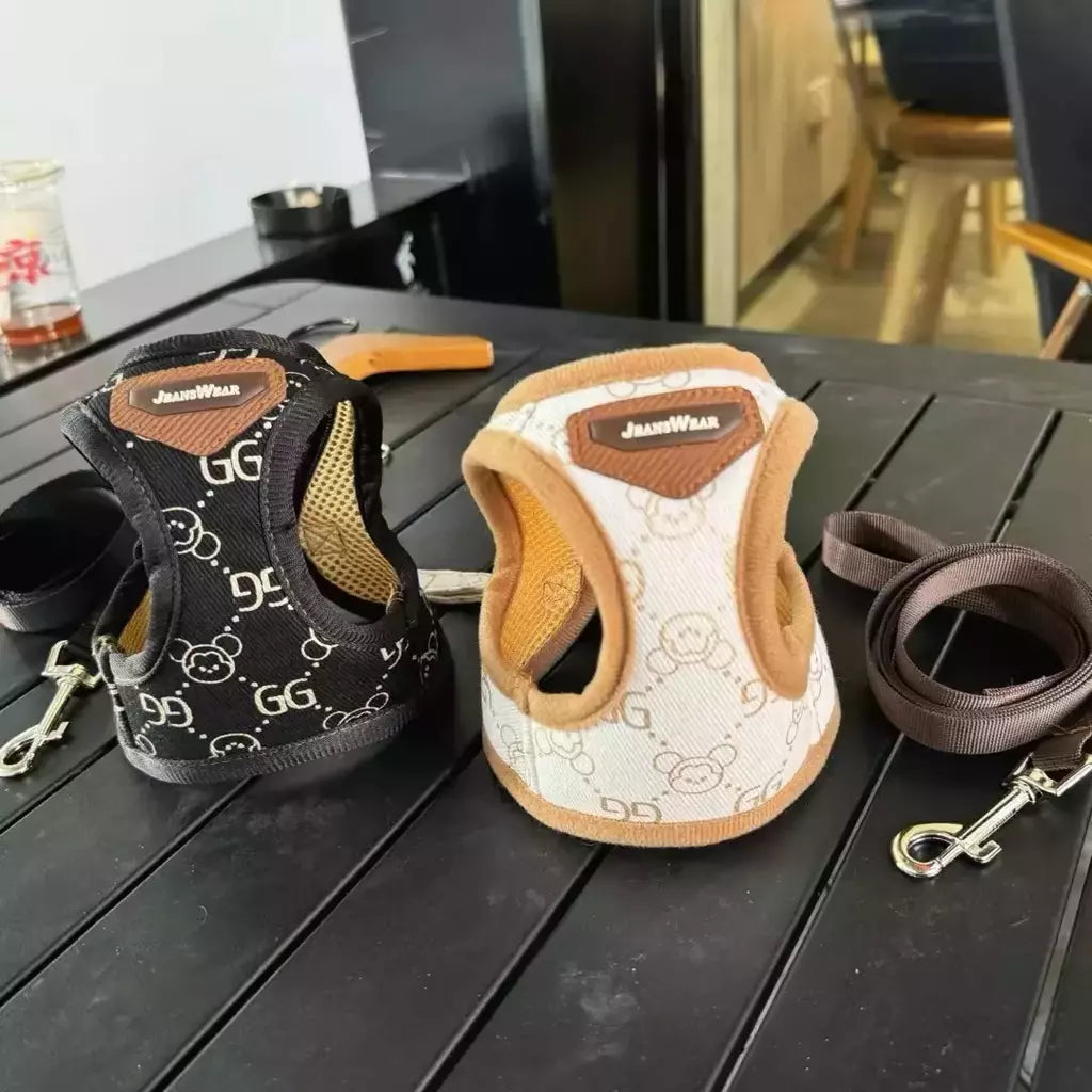 Preto cáqui cão arnês colete e trela conjunto de luxo pet cinta andando coleira chumbo colete para filhote de cachorro animal schnauzer chihuahua