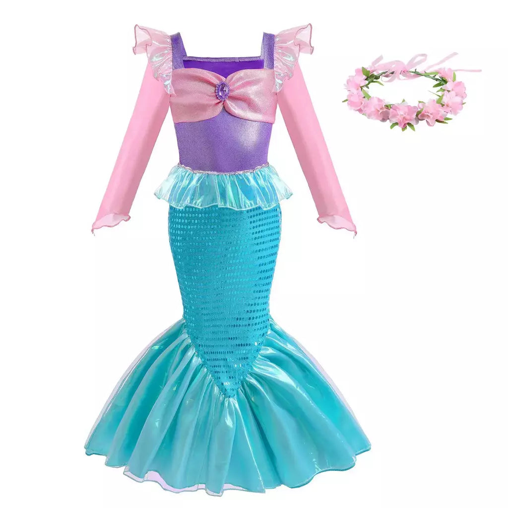 Meninas escala roxa princesa sereia ariel cosplay vestido de halloween vestido de festa de aniversário meninas verão praia vestido de férias