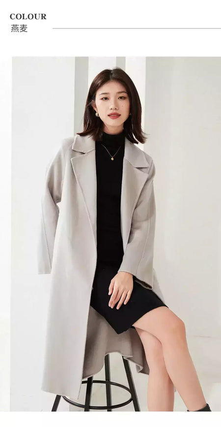 Casaco de lã dupla face feminino com cinto, fivela, 10% casaco de caxemira, cintura amarrada, top longo, moda outono e inverno, 90% lã, novo