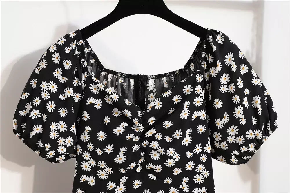 Mulheres mini vestidos de verão moda feminina vestidos impressão floral chiffon vestidos shirring plissado manga curta inchado vestido casual