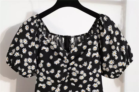 Mulheres mini vestidos de verão moda feminina vestidos impressão floral chiffon vestidos shirring plissado manga curta inchado vestido casual