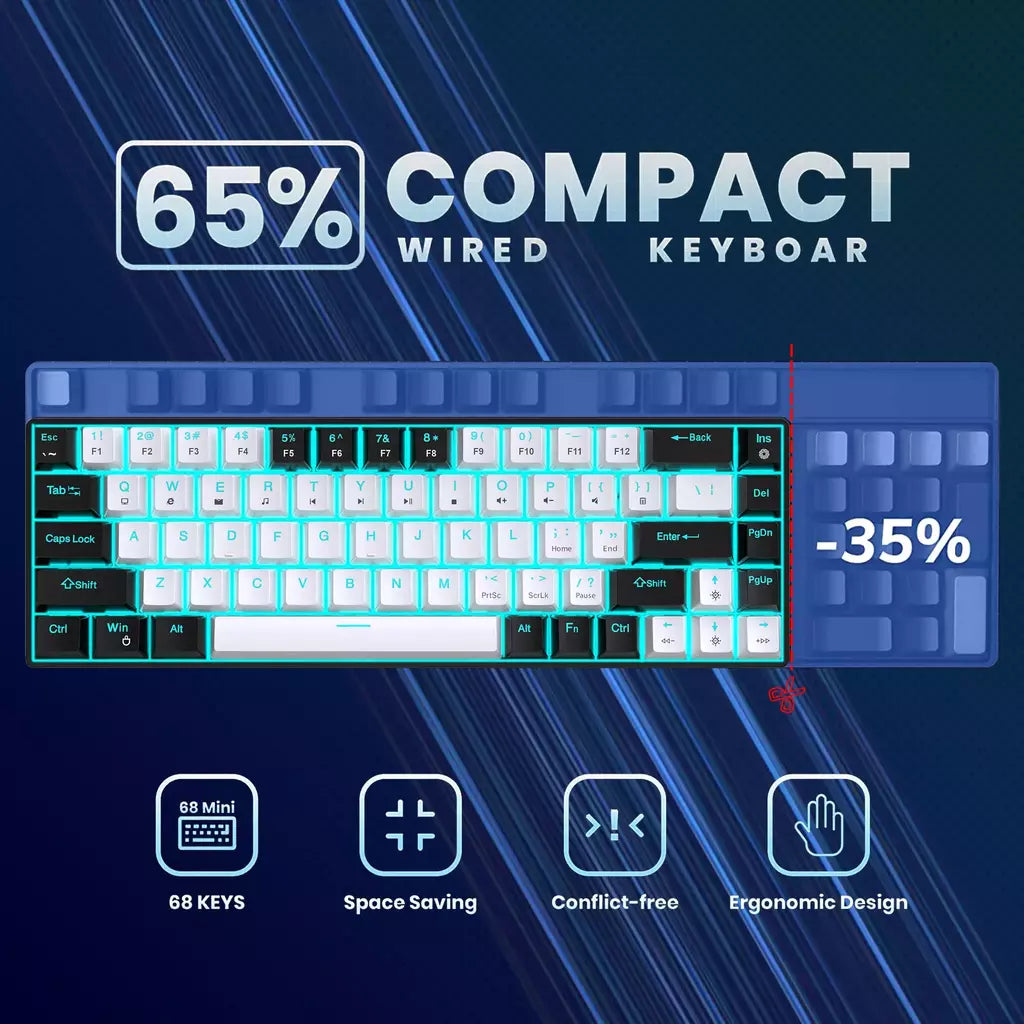 Teclado mecânico para jogos, LED retroiluminado, Interruptor azul, Ergonômico RGB, Quente, Troca, Jogos, PC, Laptop, Escritório, 68 Chaves