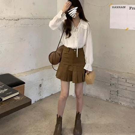 Xpqbb-Blusa de chiffon com decote em V para mulheres, camisas soltas com renda, manga comprida, babados, streetwear feminino, roupas coreanas, primavera e outono, 2024