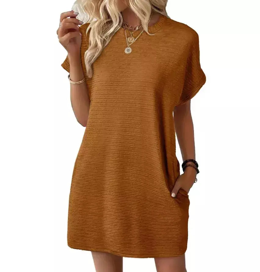 2026 robe femmes soiree manga curta em torno do pescoço mini vestido de cor sólida das mulheres bolso novo solto escritório deslocamento versátil vestido