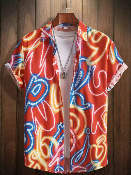 Camisa masculina de lapela estampa estilo néon, camisa casual de manga curta com botão, roupas masculinas, streetwear havaiano, verão