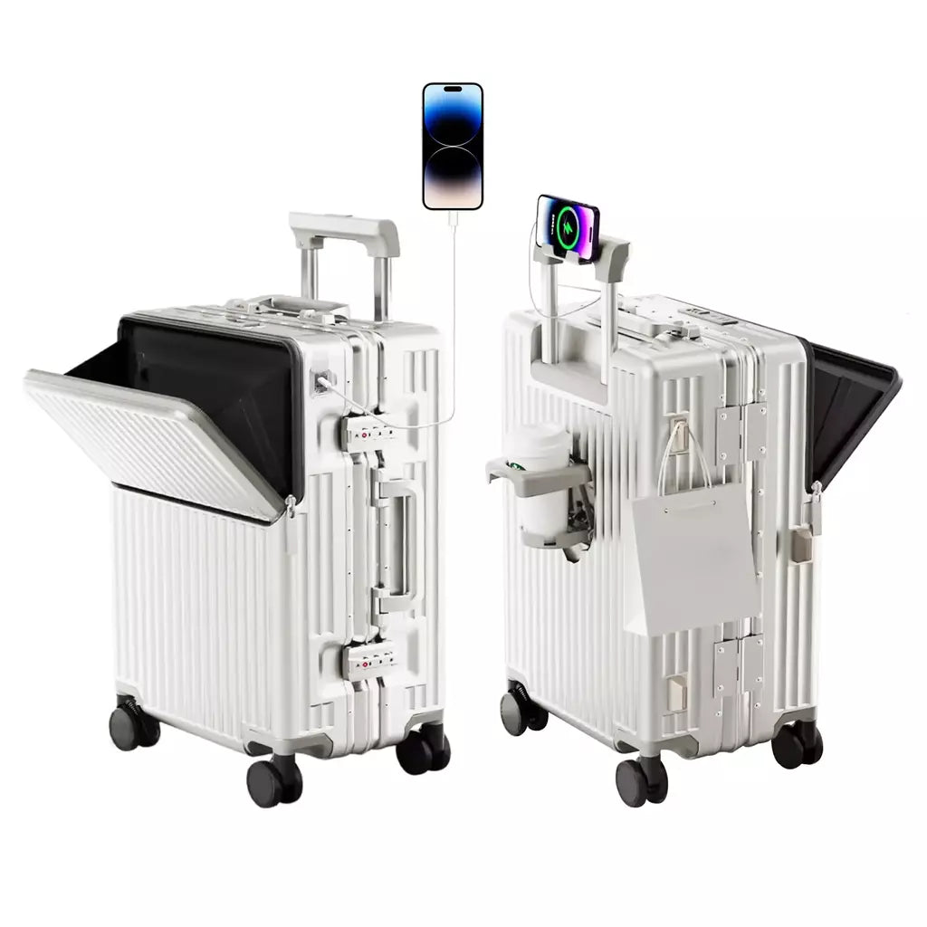 AIWEINY 2025 Mala de viagem rígida com estrutura em alumínio, resistente à pressão, com rodas omnidirecionais silenciosas de 360°, suporte para copos e prateleira, com fechadura TSA.