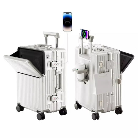 AIWEINY 2025 Mala de viagem rígida com estrutura em alumínio, resistente à pressão, com rodas omnidirecionais silenciosas de 360°, suporte para copos e prateleira, com fechadura TSA.