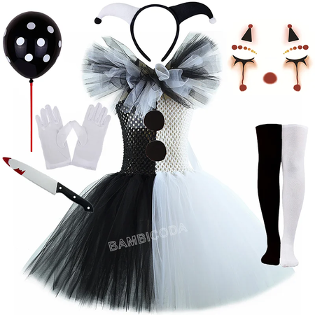 O traje de palhaço terrível arte menina preto branco fantasia tutu vestido horror coringa vestido para meninas trajes de festa de carnaval de halloween