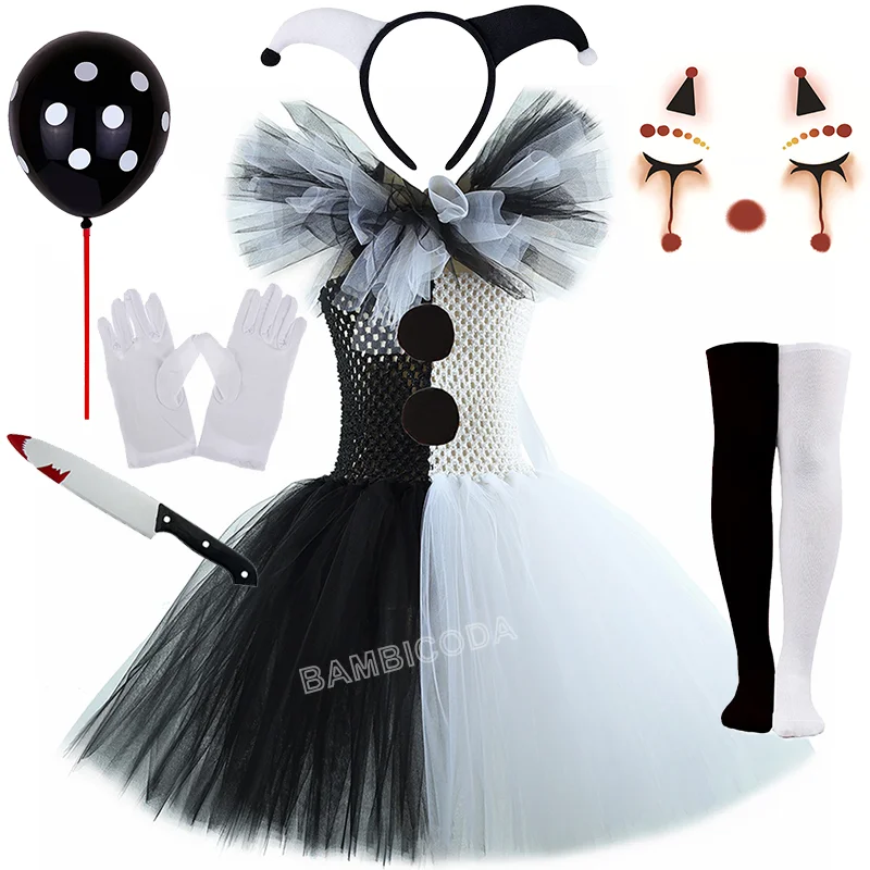 O traje de palhaço terrível arte menina preto branco fantasia tutu vestido horror coringa vestido para meninas trajes de festa de carnaval de halloween