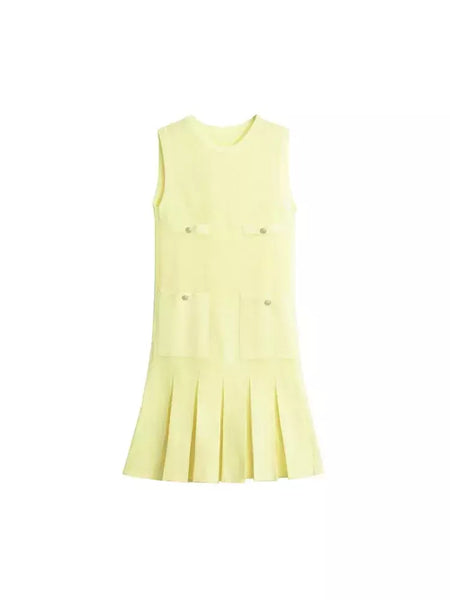 Mini vestido de bolso feminino sem mangas com o pescoço, malha, elegante vestido de botão, fino Lady Fashion, verão, fêmea, 2024