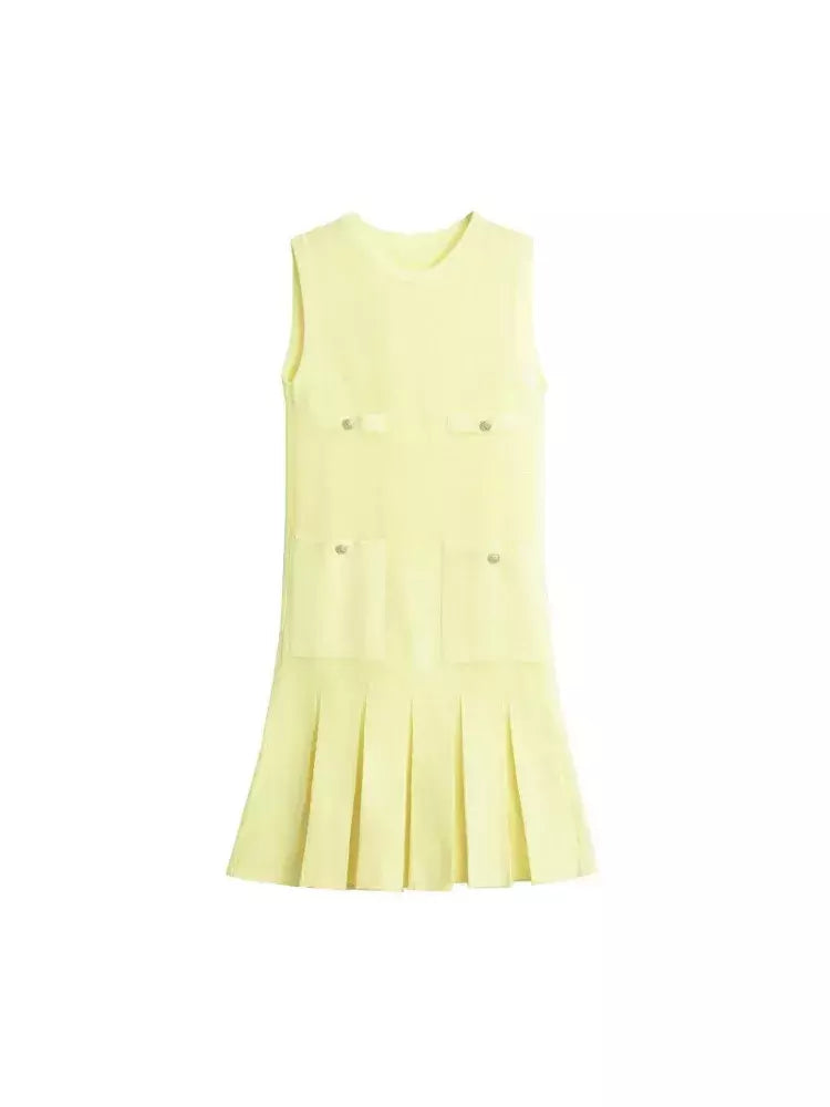 Mini vestido de bolso feminino sem mangas com o pescoço, malha, elegante vestido de botão, fino Lady Fashion, verão, fêmea, 2024