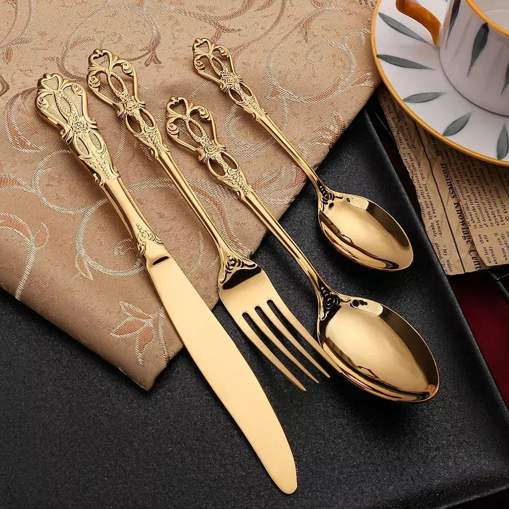 Conjunto de talheres de aço inoxidável dourado, colher europeia real, garfo, talheres completos, design retrô, seguro para máquina de lavar louça, talheres elegantes