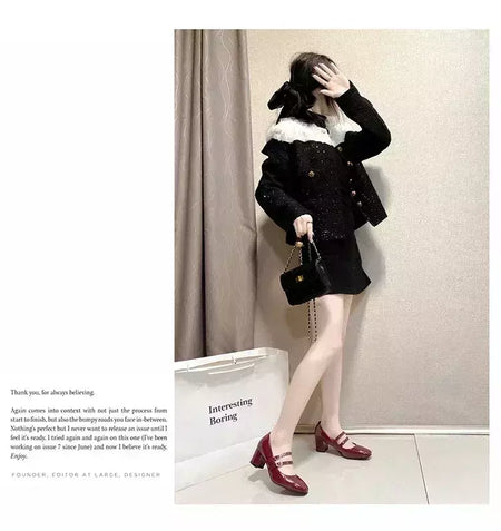 Sapatos Mary Janes de fivela dupla feminina, couro envernizado, cabeça quadrada, salto quadrado, cor sólida, primavera, outono, 2022