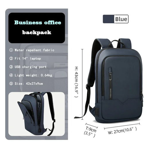 Mochila HK Slim para Homens, Sacos de Laptop, Impermeável, Minimalista, Negócios, Carregamento USB, Casual, Viagem, Trabalho, 15,6";;VERDADEIRO;;"8228-Black