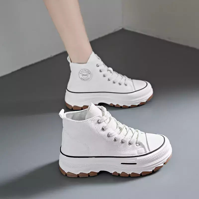 Tênis casual de cano alto para mulheres, com cordões, lona de altura da plataforma, antiderrapante, resistente ao desgaste, sapatos femininos vulcanizados, primavera, 2024
