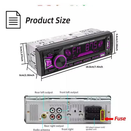 Universal 1 DIN Car MP3 Player B-tooth WIRELESS, Rádio FM, Entrada USB/TF/AUX, Carregador Rápido, Display de Tempo, Estéreo Multimídia para A