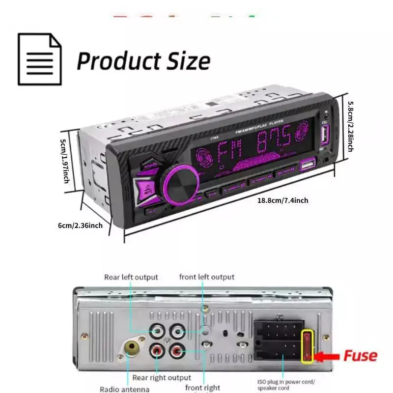 Universal 1 DIN Car MP3 Player B-tooth WIRELESS, Rádio FM, Entrada USB/TF/AUX, Carregador Rápido, Display de Tempo, Estéreo Multimídia para A