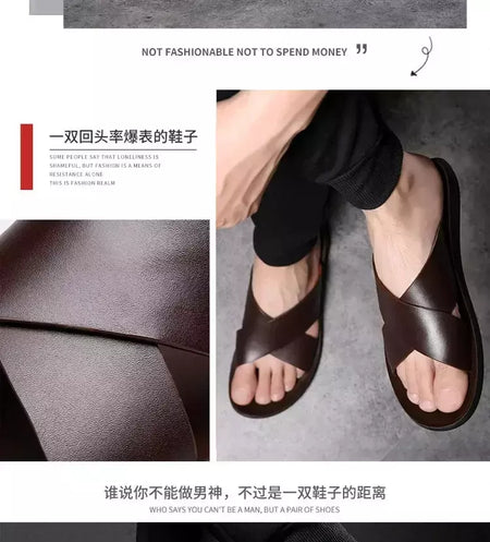 Sandálias para homens chinelos de couro genuíno marca de luxo moda masculina apartamentos casuais antiderrapantes praia sandalia zapatos hombre 2024