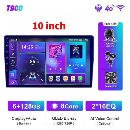 EKIY T900 8G 128G Universal Car Radio Multimídia Bru-ray QLED Navegação GPS Estéreo Android Auto Carplay BT 2 din DVD Unidade Principal
