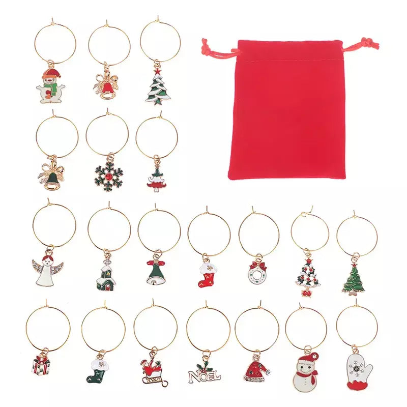 20 pçs decoração de vidro de vinho de natal encantos festa marcadores feriado ano novo copo de metal anel decoração para óculos de vinho pingentes