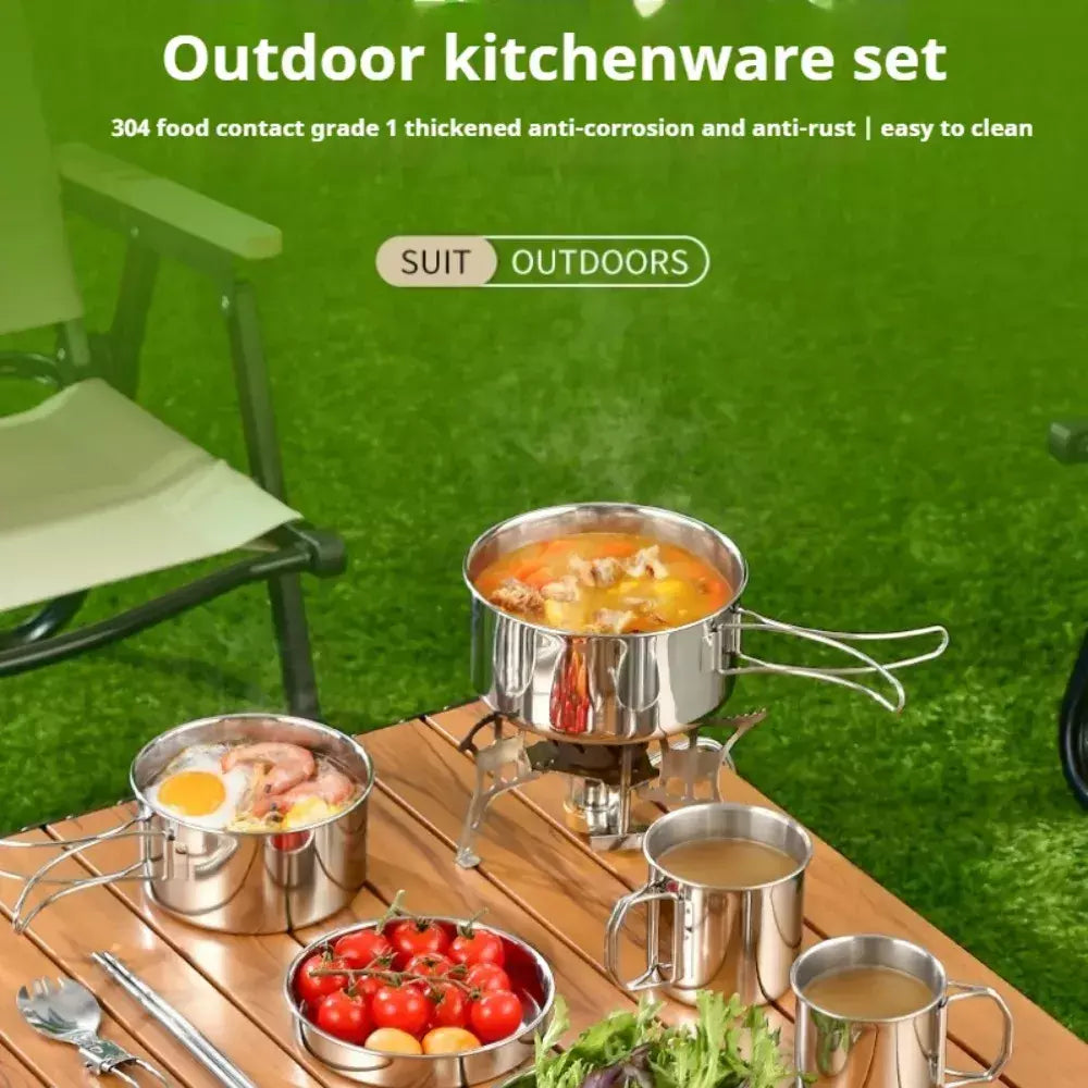 12 pçs conjunto de cozinha de acampamento de aventura panelas e frigideiras de acampamento conjunto de cozinha familiar não-tóxico 304 conjunto de utensílios de cozinha de aço inoxidável dobrável
