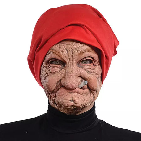 Engraçado fumar vovó velho nana máscara de látex senhora avó com rosto enrugado e lenço vermelho máscaras festa de halloween traje adereços