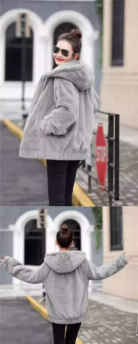 Jaqueta feminina com capuz de flanela forrada a lã, jaqueta curta solta, manga longa quente, comprimento médio, versão coreana, inverno, novo estilo