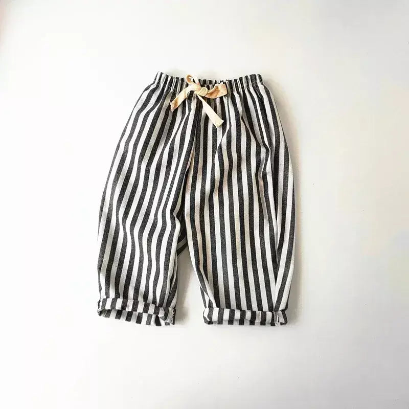 Primavera verão meninos listrado calças soltas bebê menina vintage casual linho algodão harlan calças crianças rendas-up calça crianças roupas