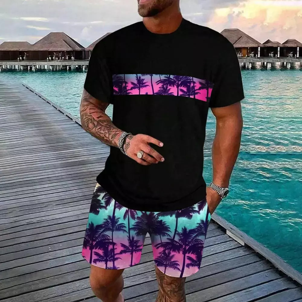 Conjunto de camiseta e shorts casuais masculinos, tops de praia estampados em 3D, moda streetwear, roupas esportivas, estilo havaiano, novo, 2 peças