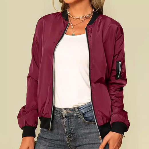 Jaqueta bomber fina feminina, manga comprida, casaco fino, corta-vento casual, gola alta, jaqueta com zíper, monocromática, moda outono