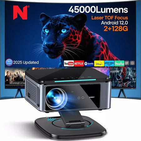 XWBSY 2025 Projetor de foco laser TOF 45000Lumens Moive Projetor de luz diurna portátil 4K Android 12.0 Projetor LED WIFI6/20MS