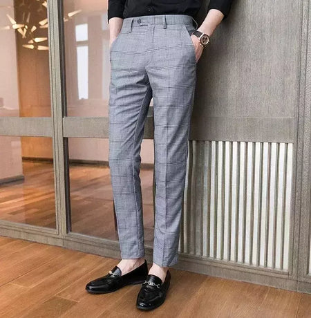 Xadrez masculino anti-rugas calças cortadas, roupas de grife casual, terno masculino reto, verão, fino, barato, designer, cheque, 9