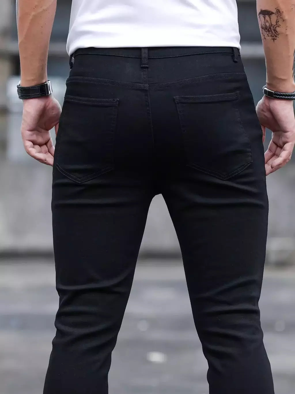 Moda masculina rua rasgado jeans preto puro estiramento apertado pequeno pé lápis calças namorado clube roupas denim ropa hombre