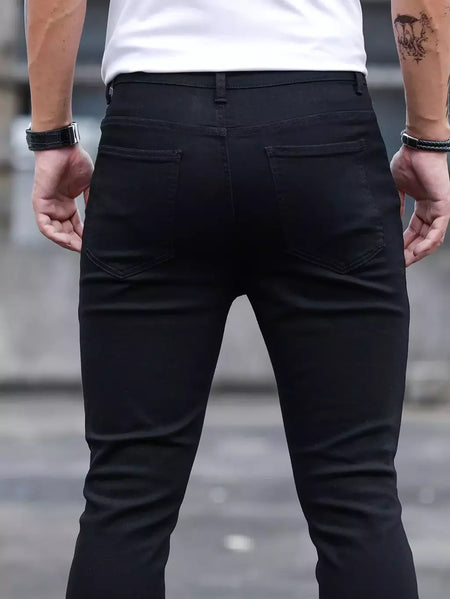 Moda masculina rua rasgado jeans preto puro estiramento apertado pequeno pé lápis calças namorado clube roupas denim ropa hombre