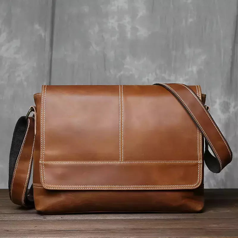 Mochila masculina de couro genuíno de um ombro, maluca couro cavalo, estilo horizontal, grande capacidade, bolsa mensageiro casual