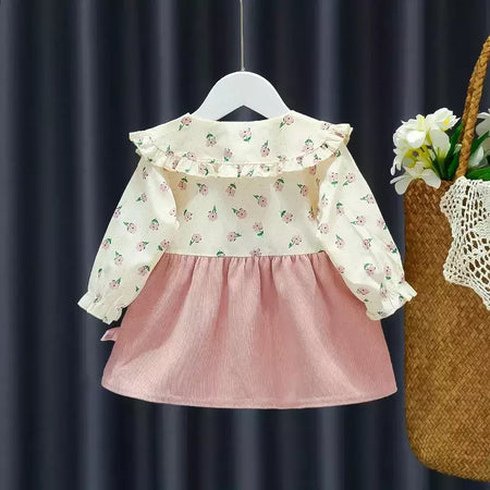 Outono novas meninas recém-nascidas vestido de manga longa dos desenhos animados fragmentado flor lapela bebê vestido de princesa flor cinta vestido