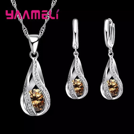 Gota de água quente cz 925 prata esterlina banhado conjunto de jóias para mulheres pingente colar brincos de argola festa de casamento ketey anel