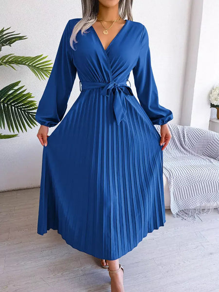 Elegante V Neck manga comprida das mulheres plissado vestido Maxi