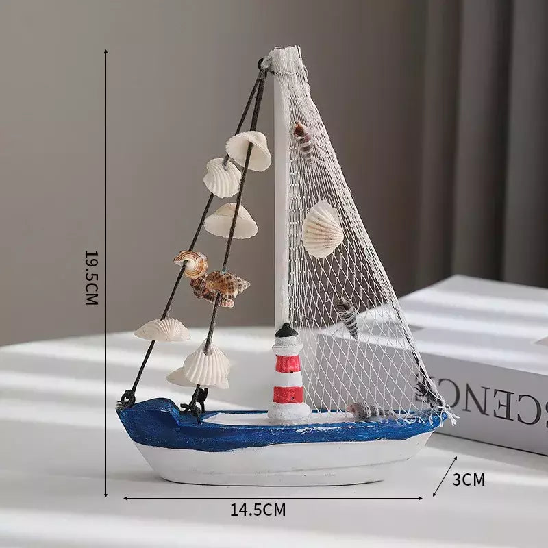 Modelo de barco a vela de madeira estilo mediterrâneo, artesanato ornamentos, acessórios de decoração para casa, decoração da sala, presentes 19cm