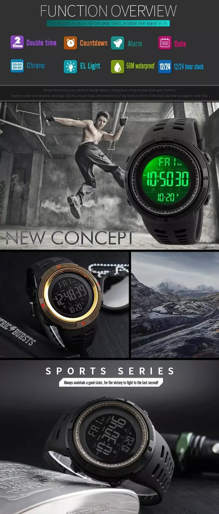 Skmei 1251 relógio digital à prova d'água para homens, relógio de pulso eletrônico esportivo com contagem regressiva, relógio militar led 1560 reloj hombre
