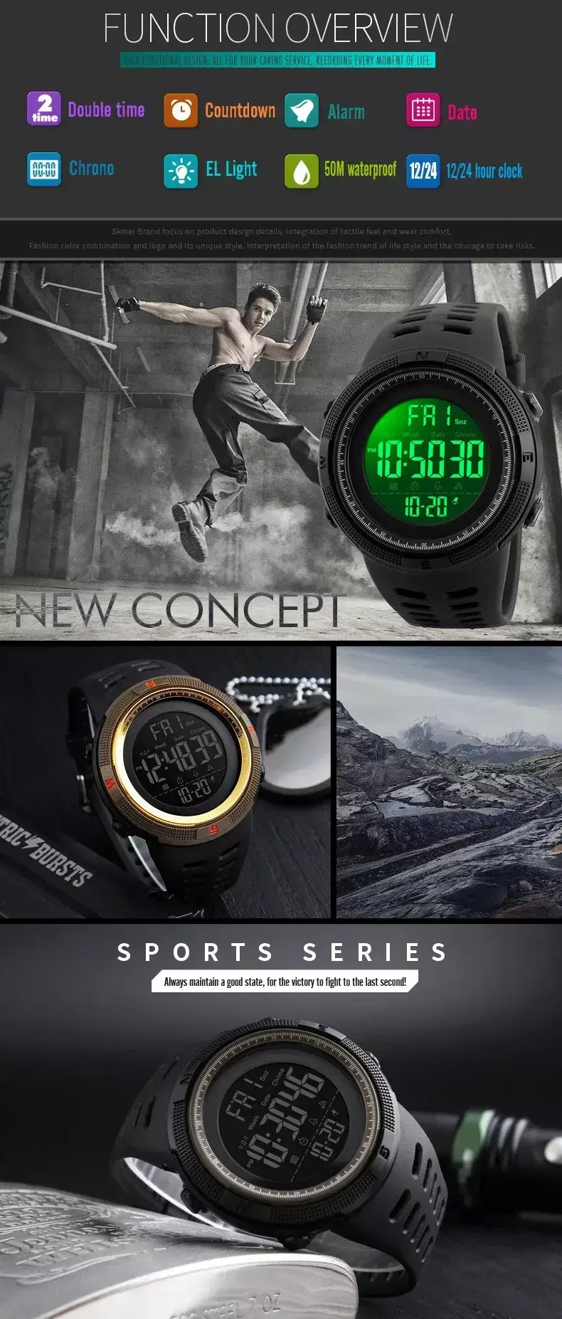Skmei 1251 relógio digital à prova d'água para homens, relógio de pulso eletrônico esportivo com contagem regressiva, relógio militar led 1560 reloj hombre