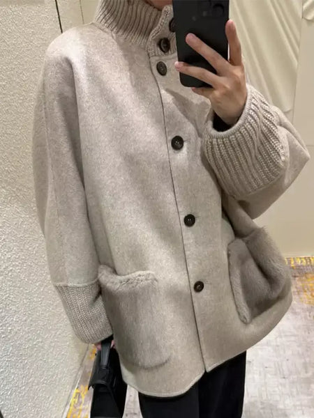 Gola de pele emendada longa pele de lã casaco feminino moda casual manga comprida lapela solta quente curto jaqueta senhora diariamente streetwear
