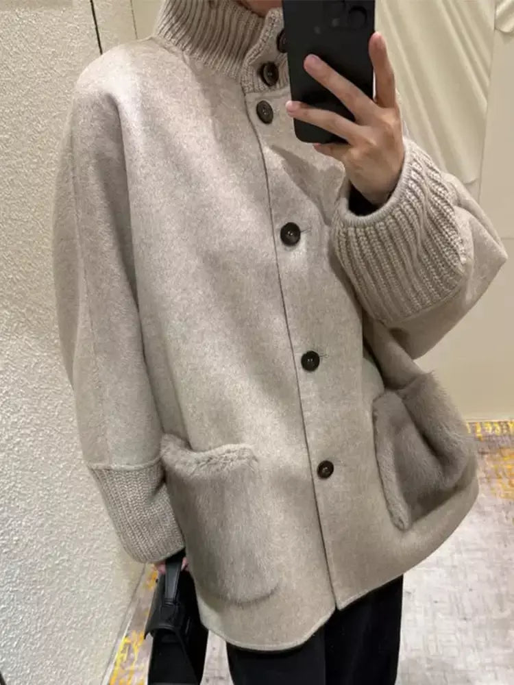 Gola de pele emendada longa pele de lã casaco feminino moda casual manga comprida lapela solta quente curto jaqueta senhora diariamente streetwear
