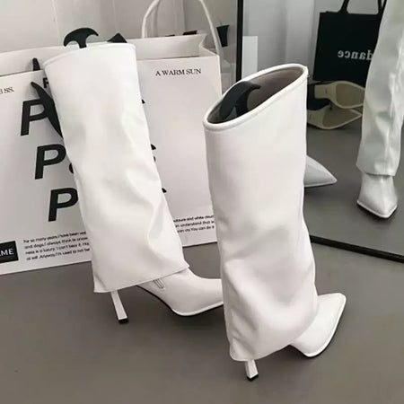 Botas ocidentais plissadas para mulheres, altura do joelho, dedo apontado, saltos femininos, longo, festa, moderno, senhoras, moda