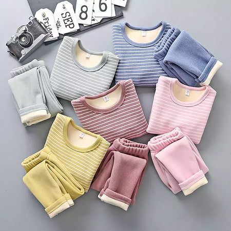 Conjuntos de pijama listrado forrado de pelúcia para crianças, aconchegante, caloroso, projetado para outono e inverno, homewear, adequado para crianças, uso diário e sono